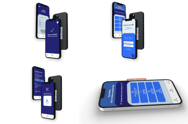 Prototypbilder av en app för digitala kvitton på en mobiltelefon.